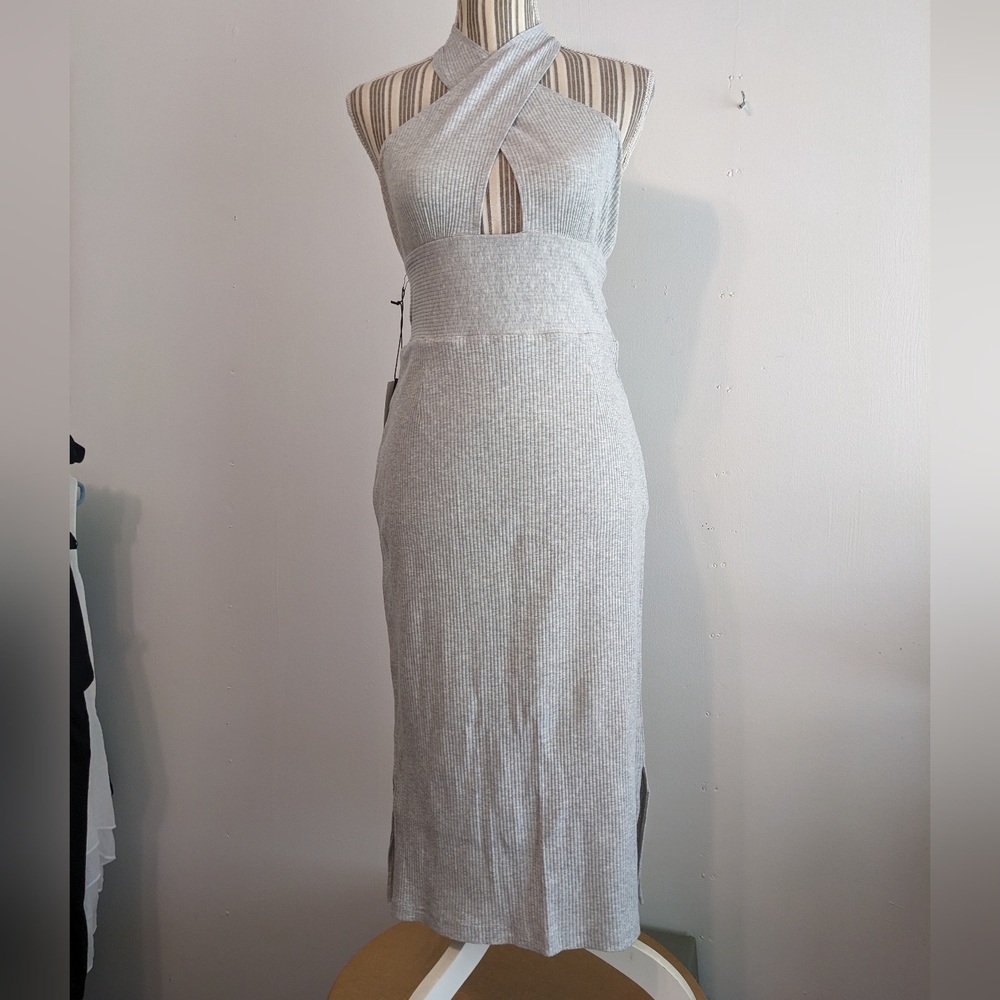 Callahan knitwear gray halter midi dress slits nwt